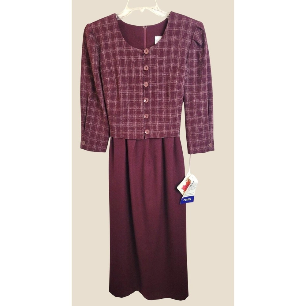 NOS VTG Leslie Belle Petite Dress 90s Plaid Academic Career Midi Burgundy 10P
